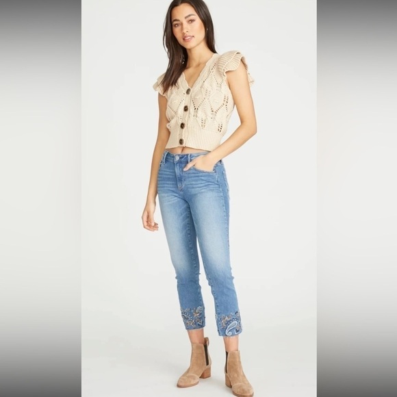 Driftwood Floral Paisley Embroidered Colette Straight Jeans Raw Fray Hem Size 25 - Picture 6 of 9